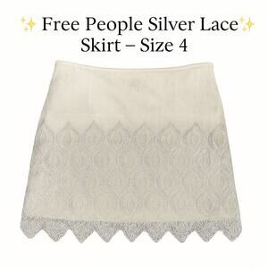 Free People Silver Lace Mini Skirt Women’s Size 4 Scalloped Hem Metallic Overlay